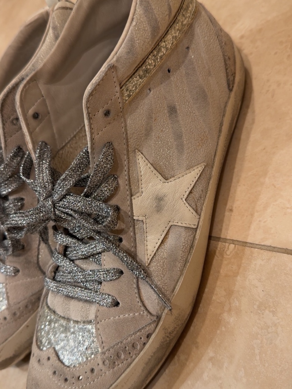 Golden Goose Mid Star Glitter Suede Sneakers Silver Metallic Made Italy - Picture 10 of 14